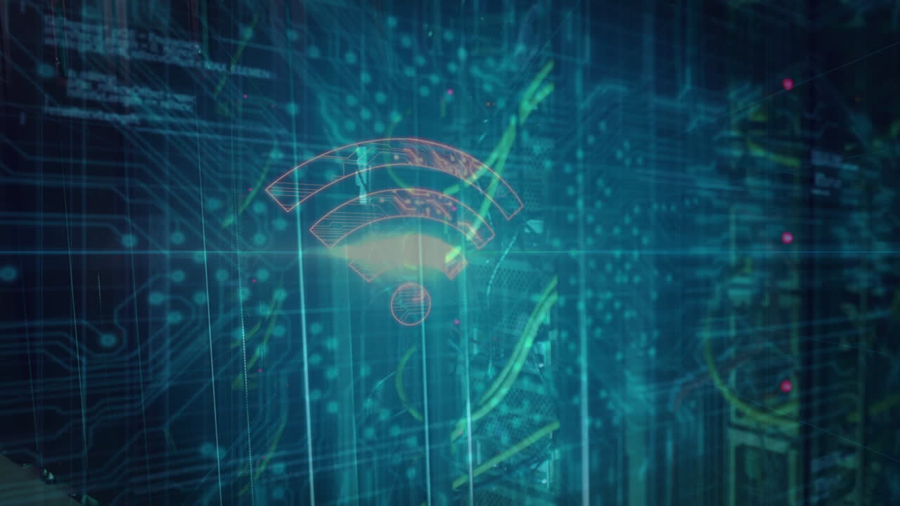 Wi-Fi signal icon with digital data processing animation on blue tech background