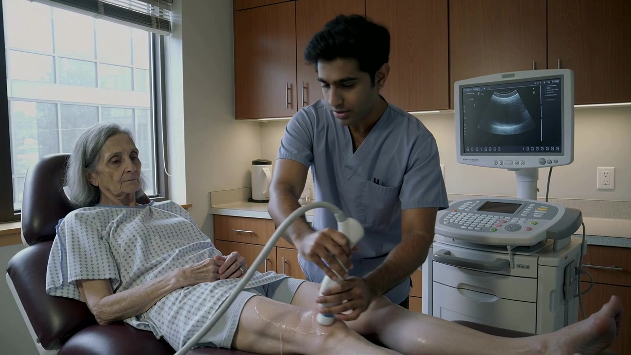 Preparing probe, clinician in blue scrubs scanning patient leg in clinic for exam, watching monitor