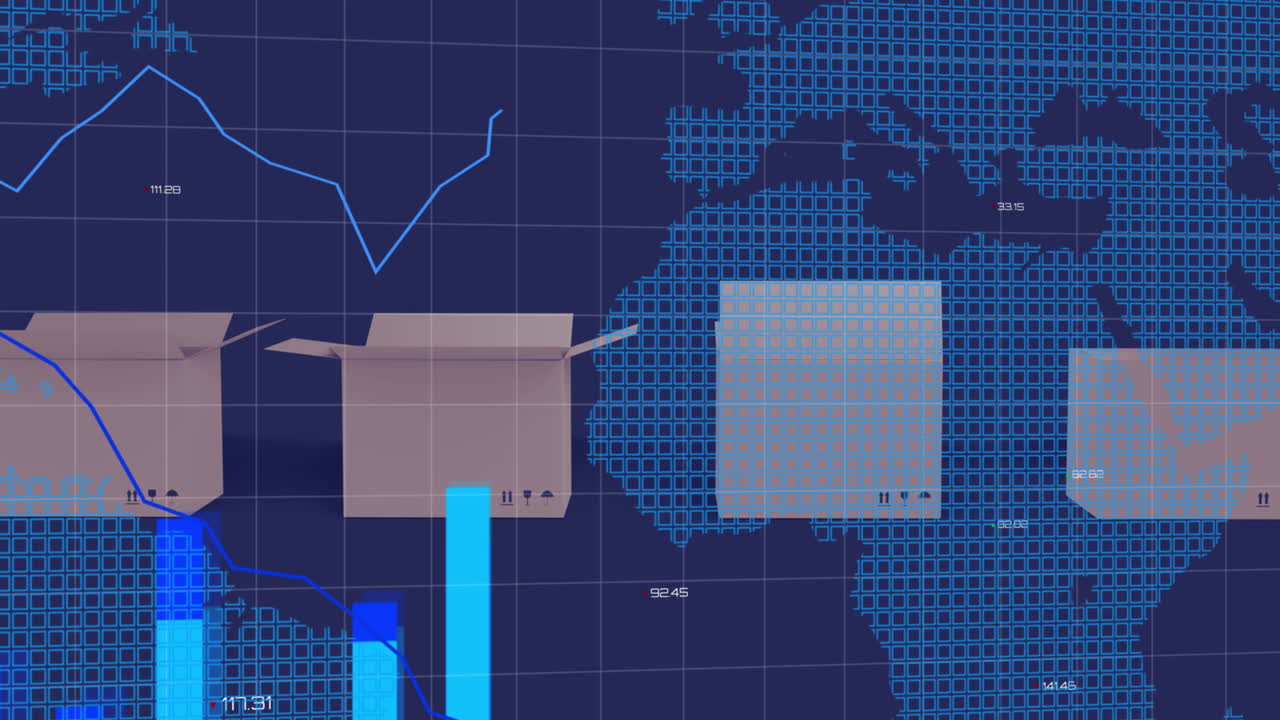 Animation of data processing and cartons on blue background