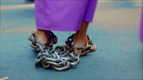 person is walking around with chains on their ankles, captivity and slavery concept, slow motion