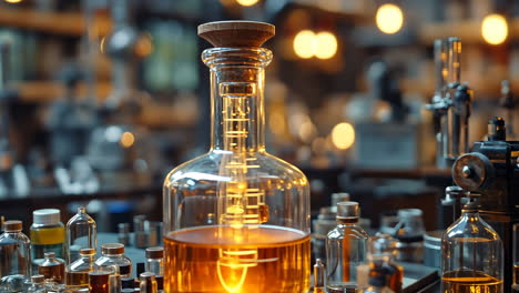 laboratory setting with glowing flask and various glassware on wooden table