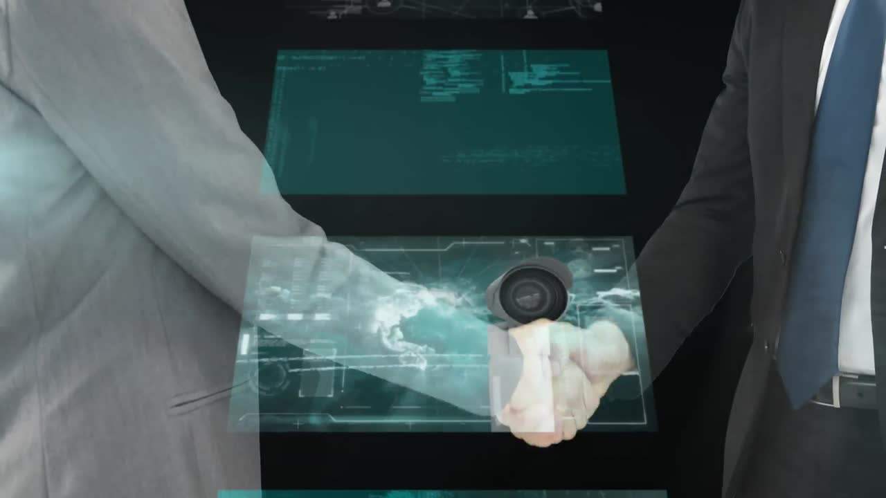 animación de pantallas con procesamiento de datos sobre el apretón de manos de un hombre de negocios