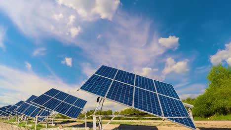 solar panels with moving clouds time lapse. solar panels used to generate electricity from sunlight, timelapse