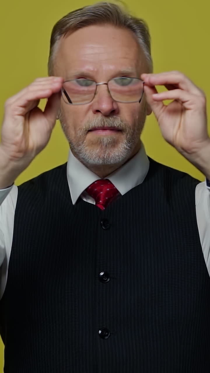 Funny grey-haired man with glasses. Portrait of a mature man in suit putting on glasses with a funny view. Slow motion. Positive emotions. Vertical video