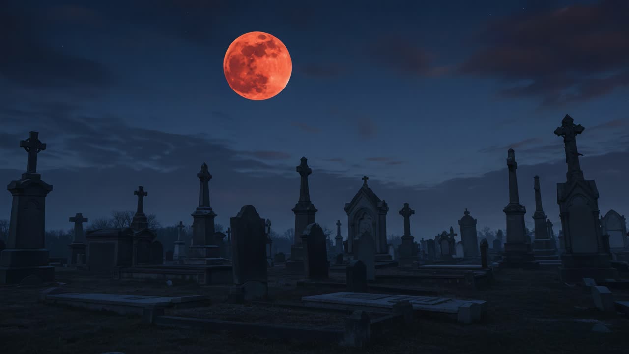 An Enigmatic Night: A Blood Moon Illuminates an Eerie Graveyard Filled with Weathered Tombstones and Shadows, Evoking a Haunting Atmosphere of Mystery and Reflection