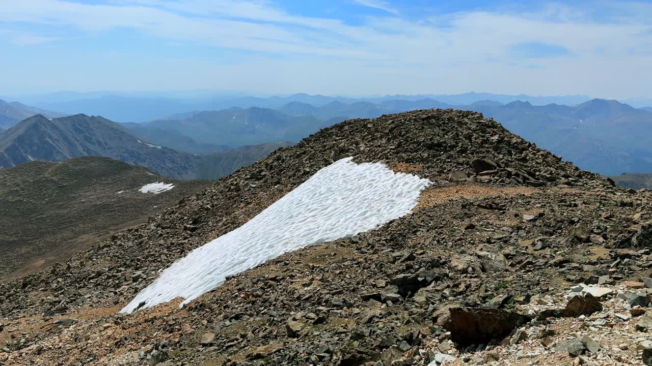 Summer La Plata Peak Sawatch Range Rocky Mountains top of summit 14er snow field Colorado aerial drone Huron Colligate peaks Independence Pass hiking trail switchback boulders blue sky clouds