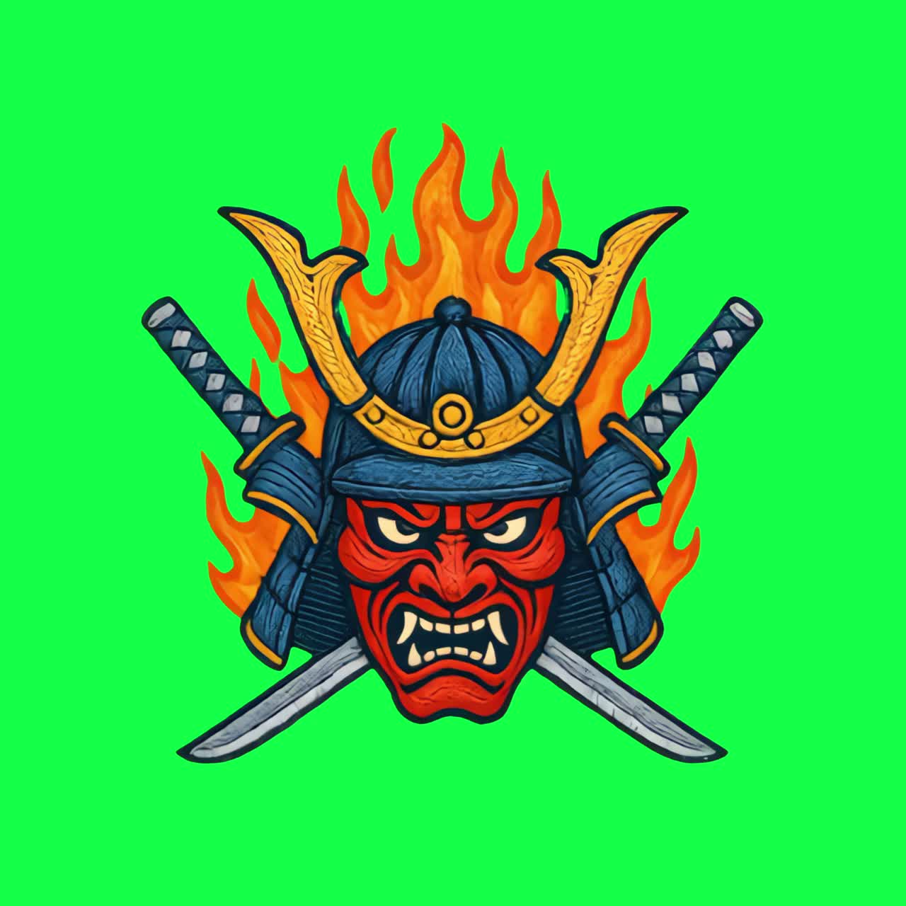 Samurai mask with crossed swords animation, transparent 4K video, green screen
