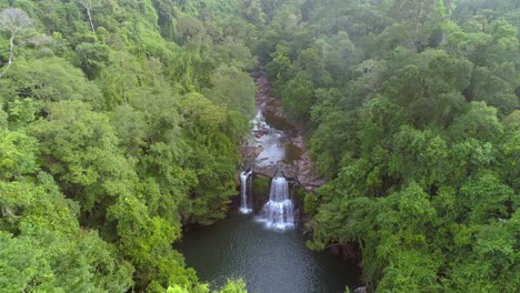 aerial view of a waterfall in a lush rainforest