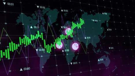 financial data and stock market chart animation over world map background