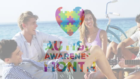 relaxing by ocean, group of friends with autism awareness animation and puzzle heart