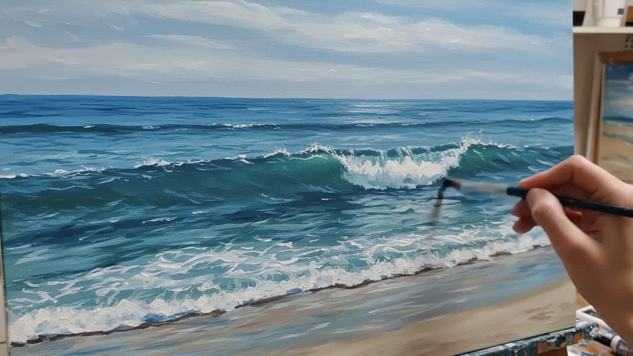 Capturing the Serenity of the Ocean: A Detailed Artistic Technique Showcasing the Wave Motion on Canvas in Stunning Coastal Colors
