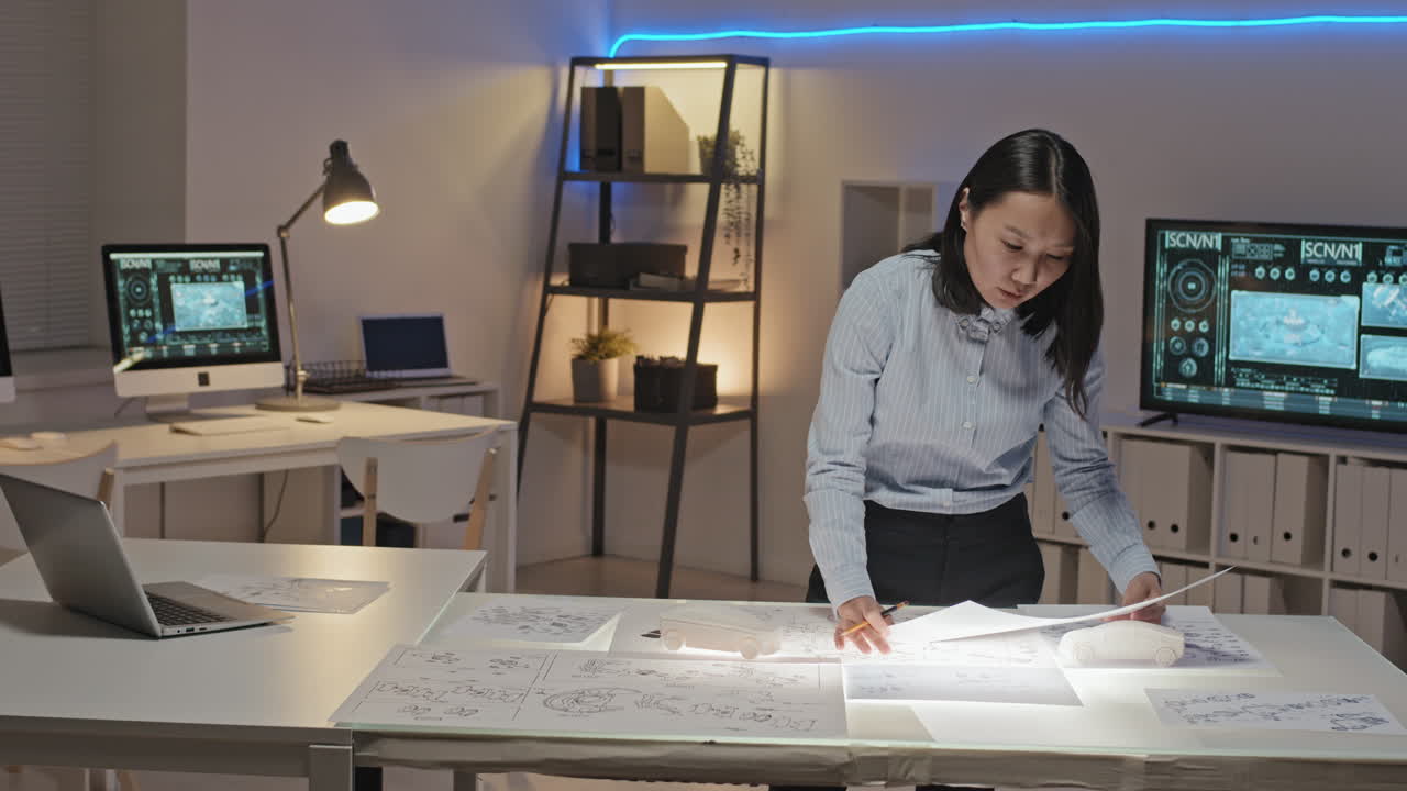 Female Engineer Working on Blueprints in Office