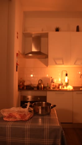 escena de la cocina con carne y olla