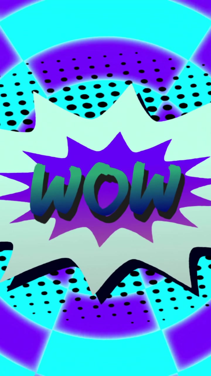 Animazione del testo "wow" su uno sfondo con motivo retrò vivace