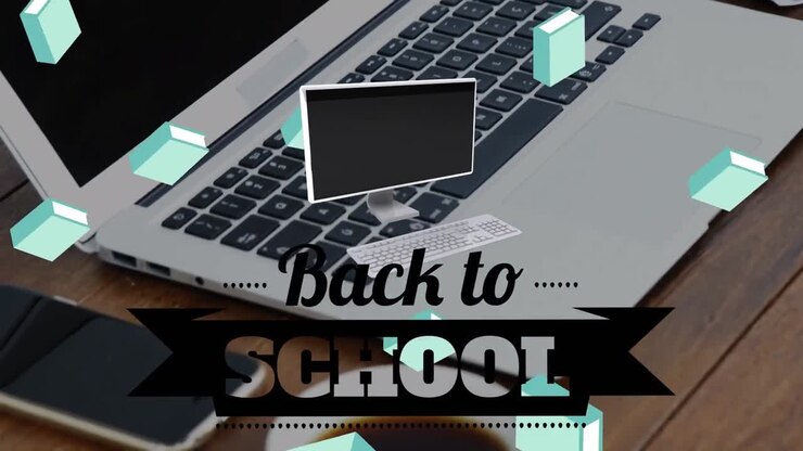 Animation of back to school text over laptop