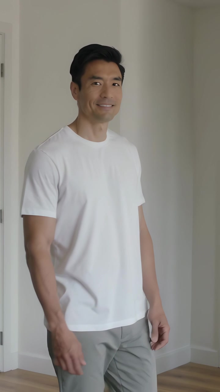 Video verticale: Uomo che cammina, entra in casa dalla porta a sinistra, maglietta bianca e pantaloni grigi, sorride per salutare.