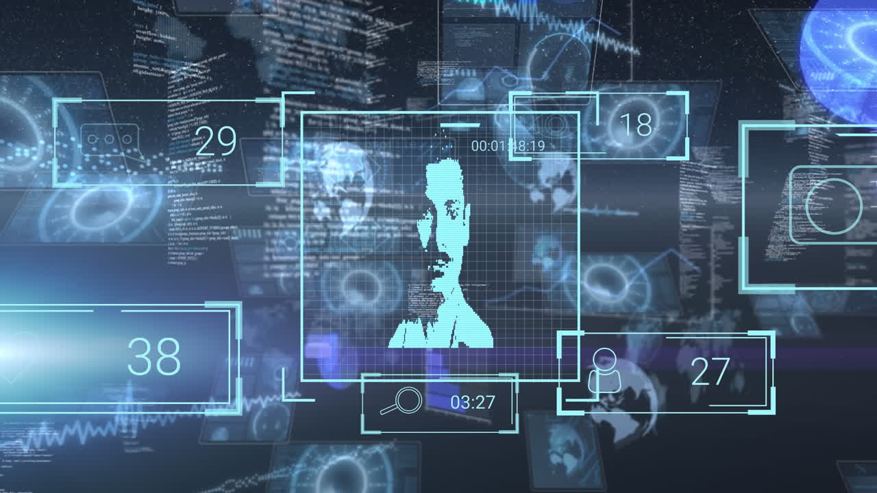 Animation of data processing with people portraits and social media icons with growing numbers
