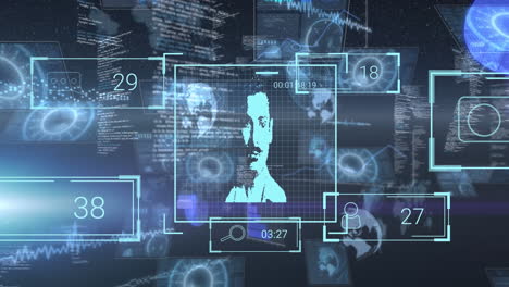 animación del procesamiento de datos con retratos de personas e iconos de redes sociales con un número creciente