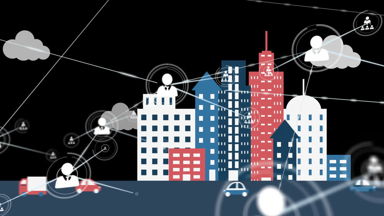 Network of connections and data processing animation over cityscape with vehicles