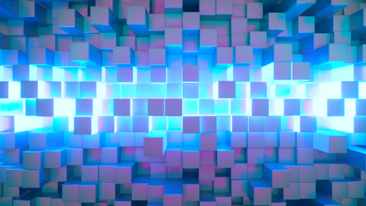fondo de tecnología abstracta para presentaciones de negocios. cubos que se mueven al azar. brillo de neón brillante en el medio. bucle sin costuras 3d render