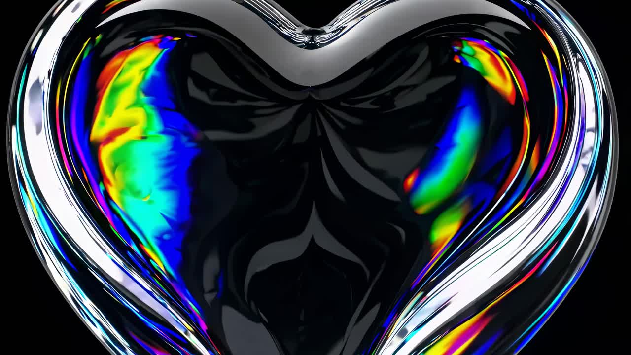 Close-up video of a glass heart with rainbow reflections. Captured from a front angle