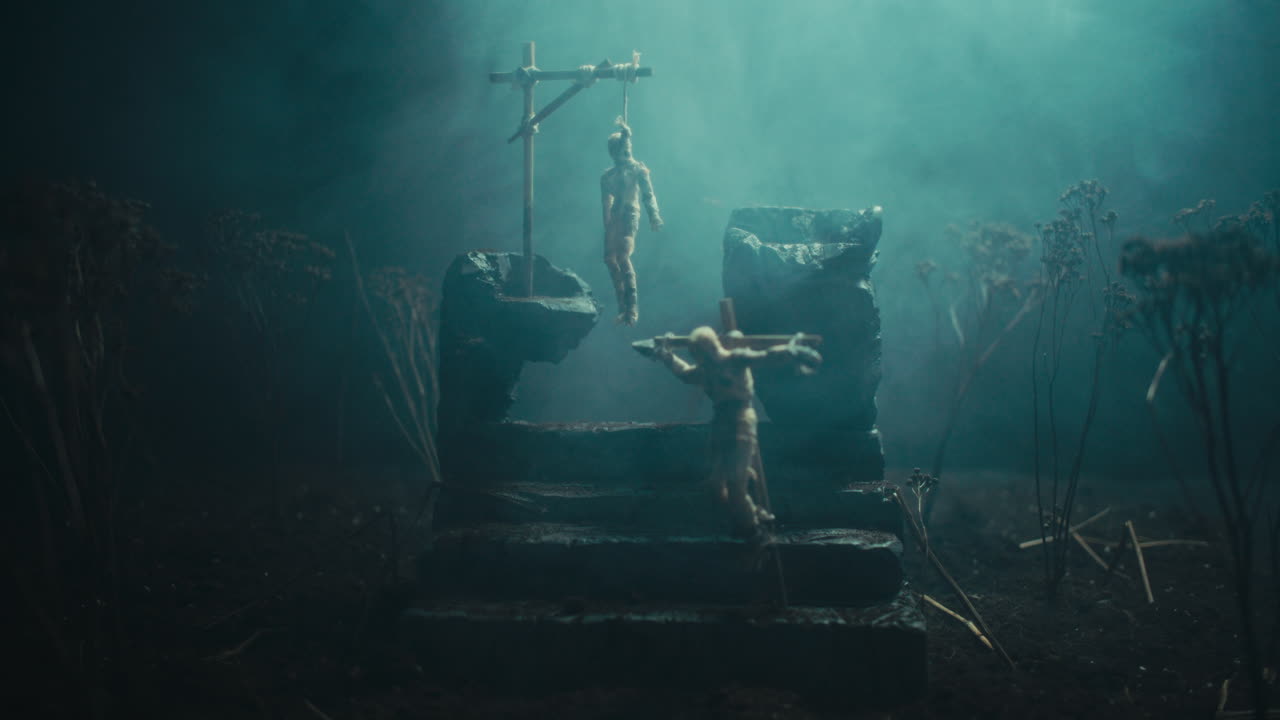 Una scena in miniatura delle bambole mummificate appese alla forca di notte