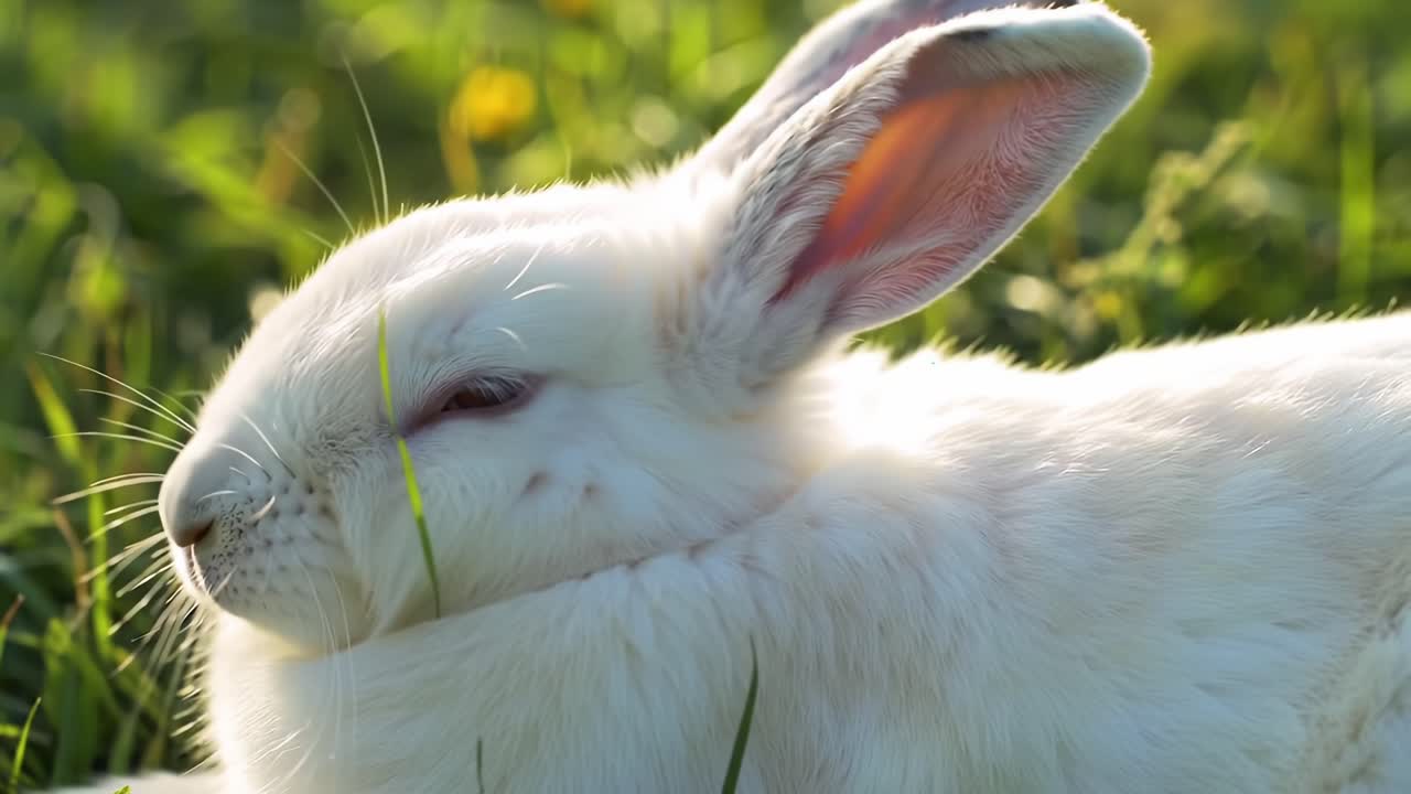 Peaceful White Rabbit Relaxing in the Grass Under a Warm Sun, Showcasing Its Fluffy Fur and Tender Expression in a Natural Setting, Embracing Tranquility and Innocence