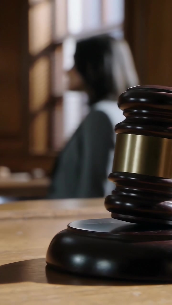 Video verticale: La telecamera si allontana, martelletto e blocco del tribunale, donna in tailleur grigio che si gira, spazio per il testo.