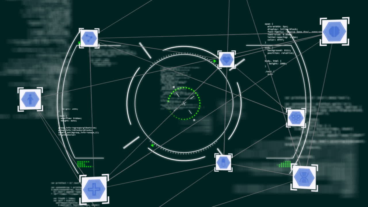 Targeting system animation with geometric shapes and data processing over dark background