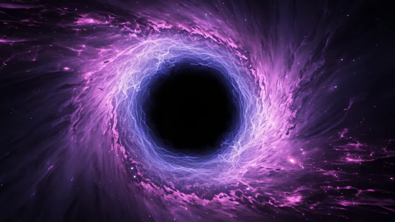 Starting with purple glow brightening space vortex ring expanding electric-blue currents weaving