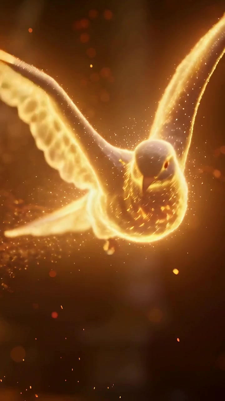 Video verticale: Uccello luminoso che sbatte le ali creando scie di braci dopo il battito d'ali in uno studio buio con effetto bokeh.