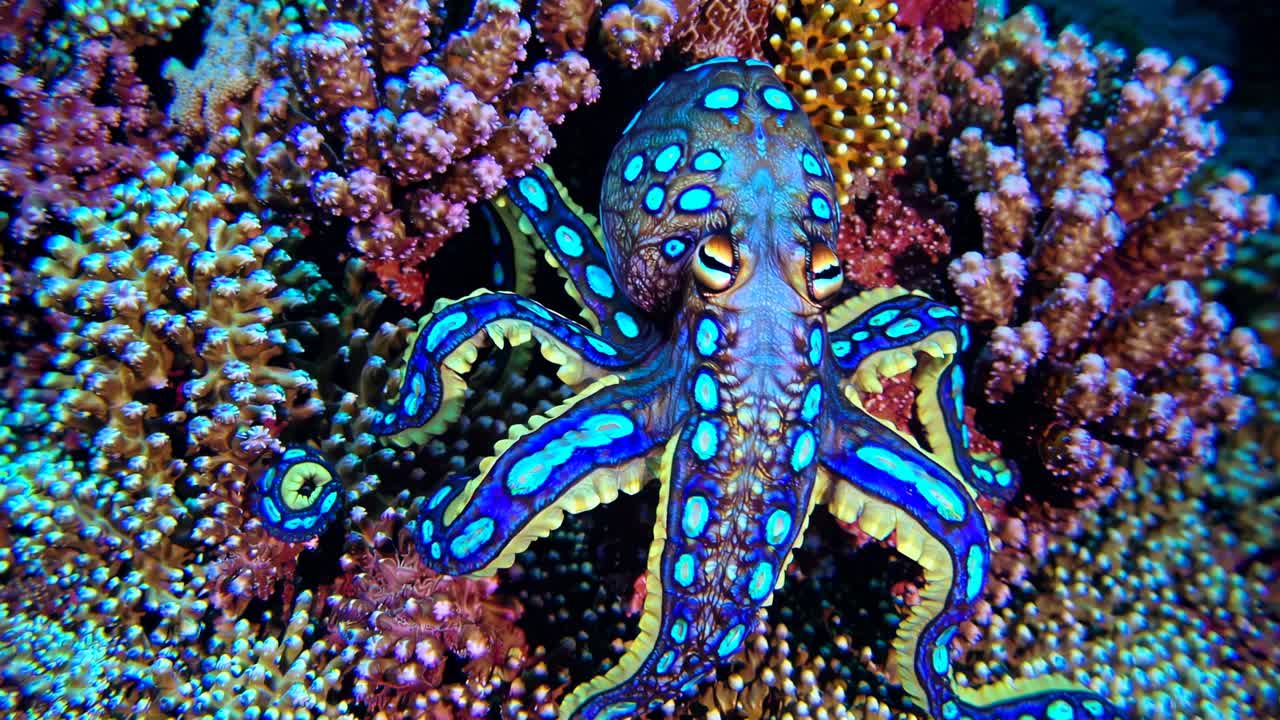 Stunning Blue-Ringed Octopus Camouflaged Among Coral