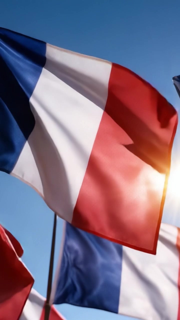 Vivace esposizione di bandiere: Primo piano accattivante di bandiere francesi che sventolano nella brezza contro un cielo azzurro limpido con il sole che irradia sullo sfondo