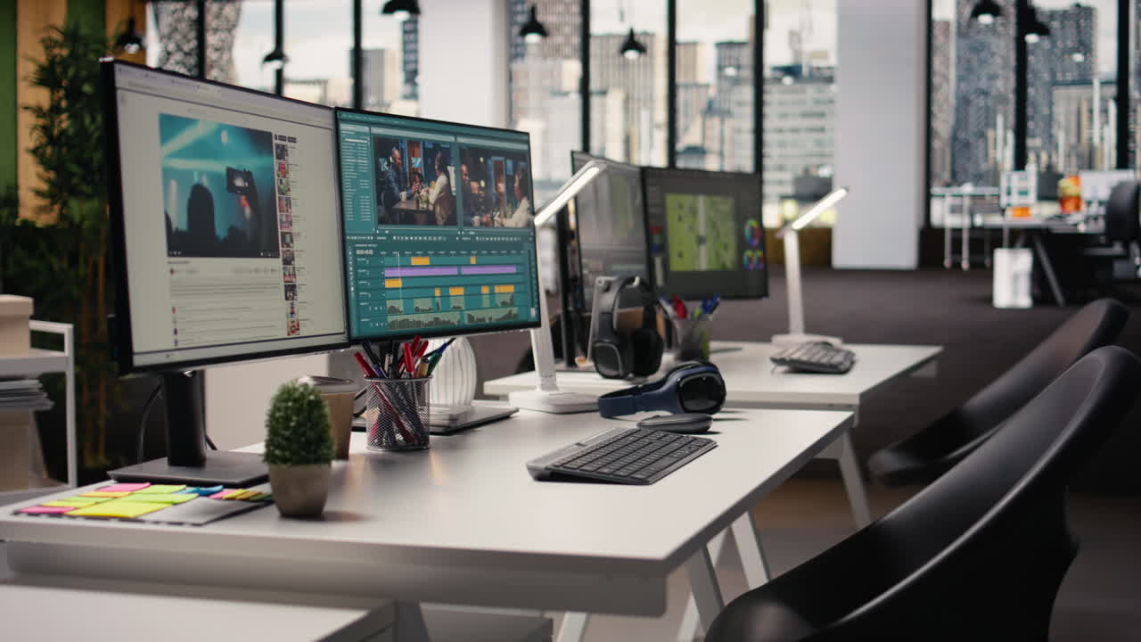 Film industry production, high-tech empty studio, editing workstation
