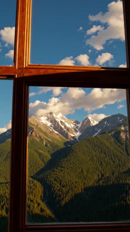 mountain view through a wooden window