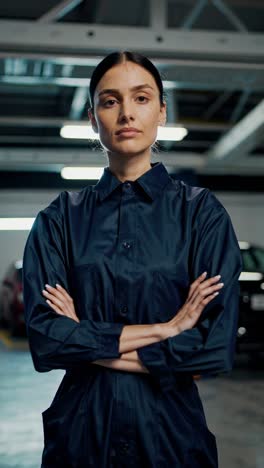 professional female mechanic stands confidently with crossed arms in a modern auto repair shop, showcasing expertise and empowerment in a traditionally male dominated field