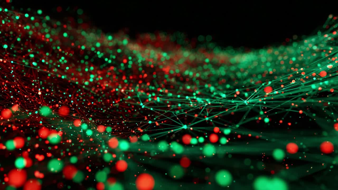 A Captivating Visualization of Dynamic Data Streams with Red and Green Particles Intertwined, Creating a Stunning Abstract Representation of Information Flow and Connectivity