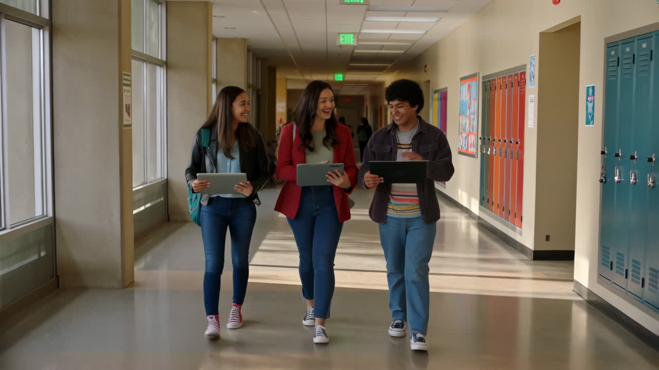 Students walking in a school hallway with tablets