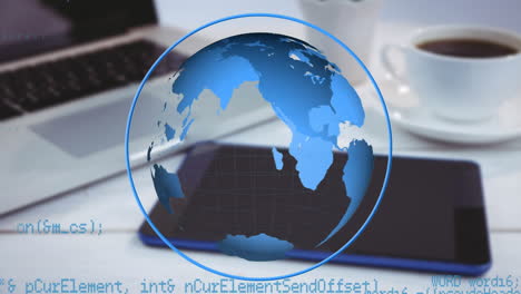 animación del mundo girando con computadora y café en el fondo