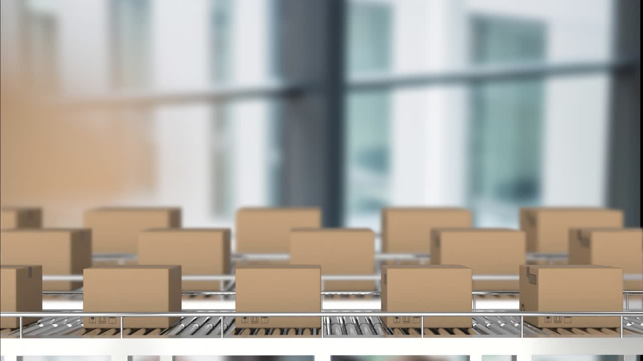 Moving conveyor belt with cardboard boxes animation over blurred office background