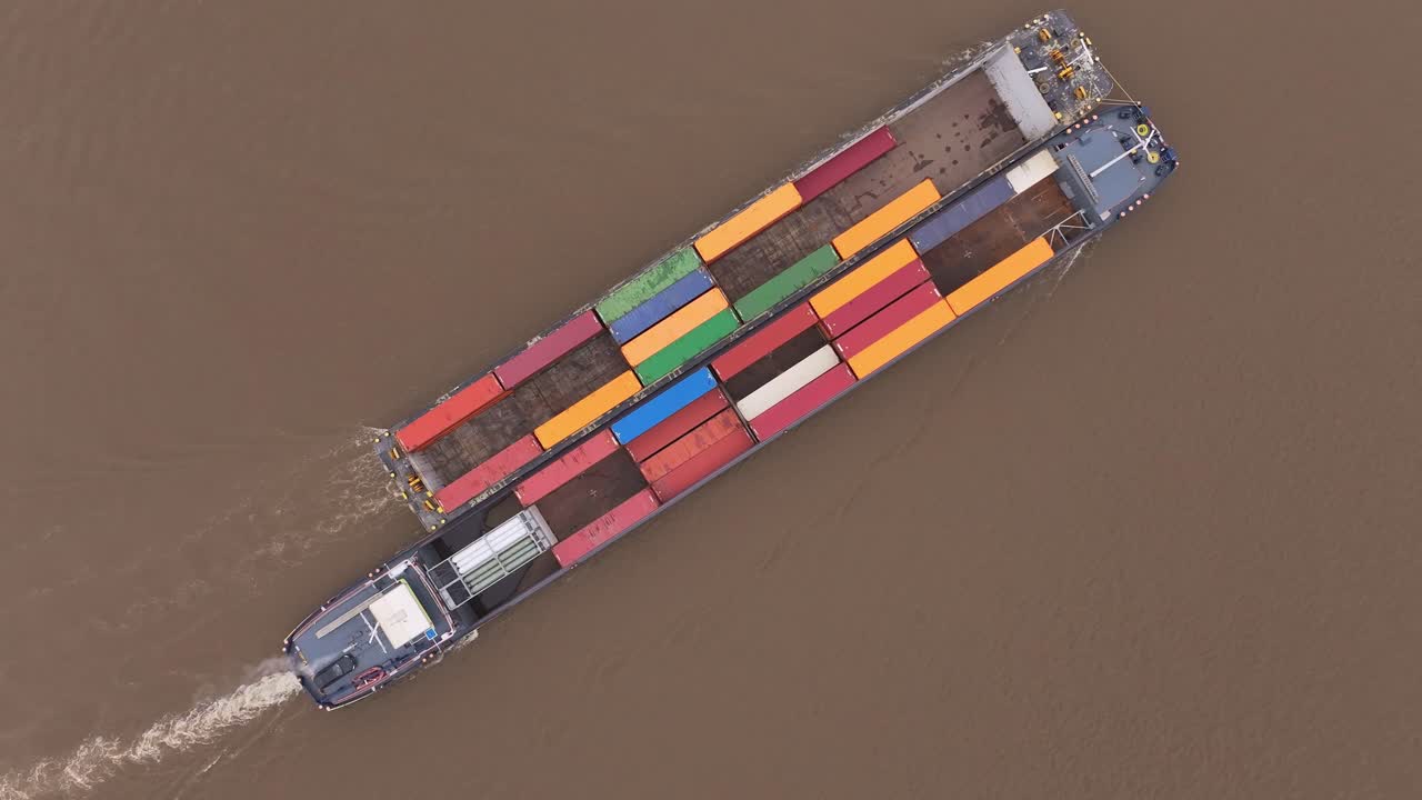 H2 Barge Sailing In Dordrecht, Netherlands - Aerial Top Down
