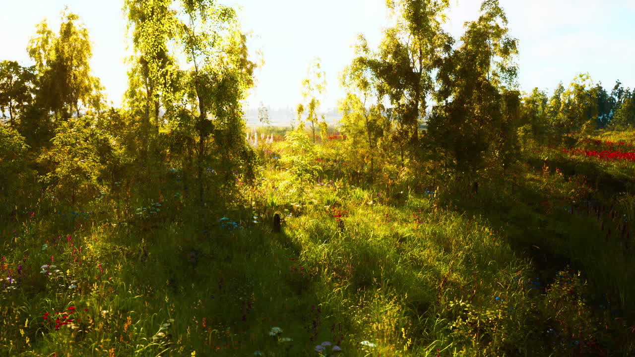 Lush green meadow with wildflowers under bright sunlight at golden hour