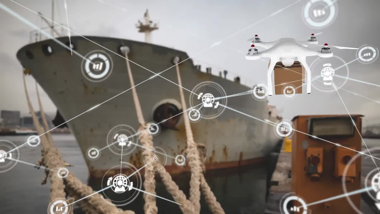 Animation of network of connections with icons over delivery drone with parcel