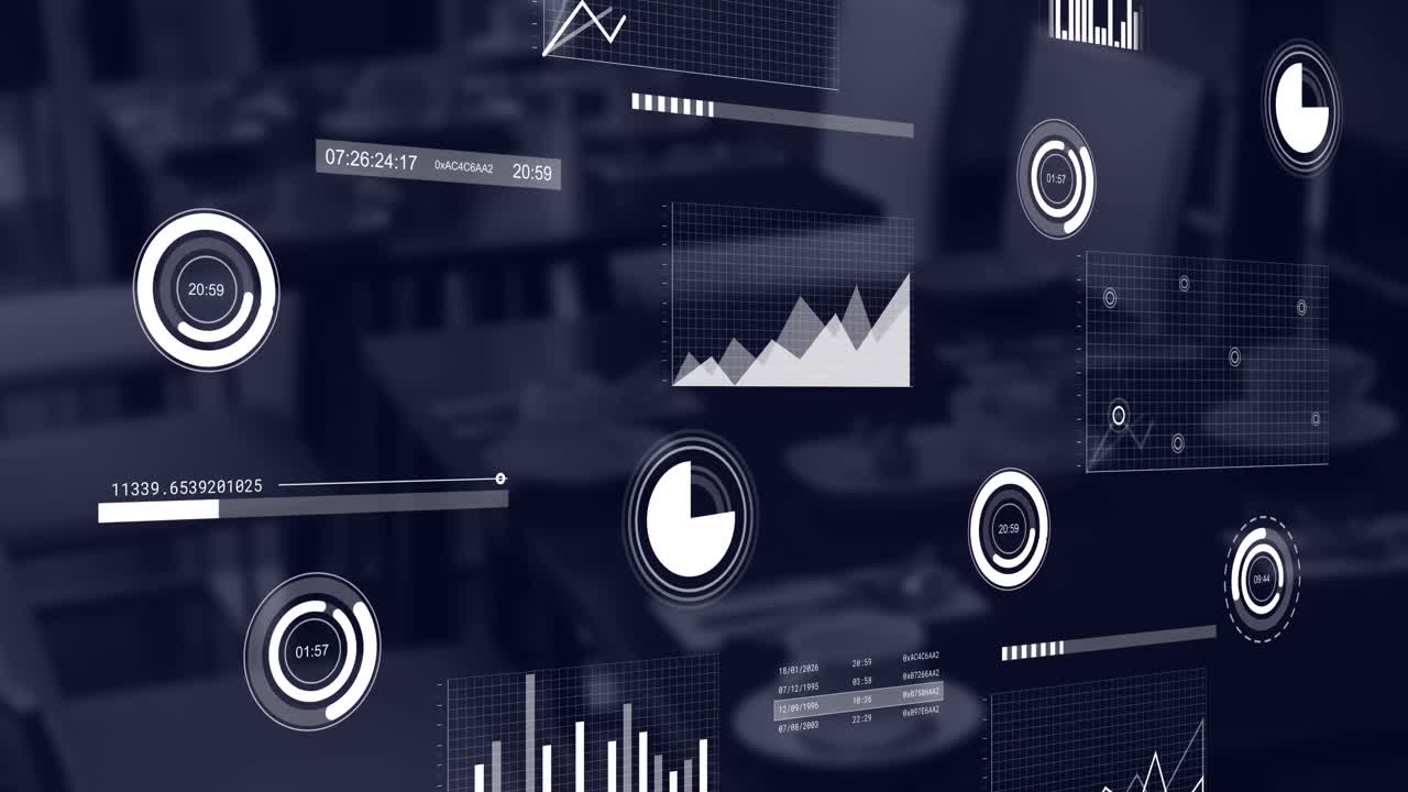 Animation of loading circles, multiple graphs and timer over place setting on dining table