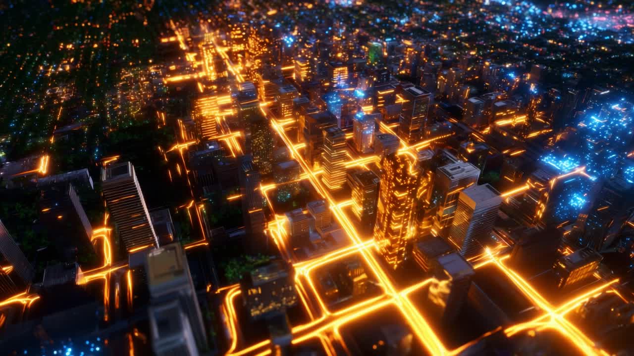 Aerial View of a Vibrant Urban Landscape at Night with Glowing Streetlights and Illuminated Skyscrapers Showcasing the Liveliness and Complexity of City Life in a Technologically Advanced Environment