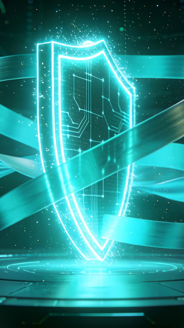 Vertical video: Starting ping holo teal shield rising pulsing ring base ribbons circling guarding
