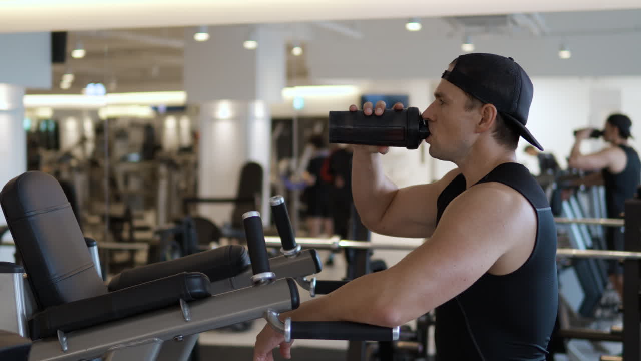 hombre deportivo descanso beber pre-entrenamiento bebida energética agua de la botella de agitador en el gimnasio para la recuperación entre series