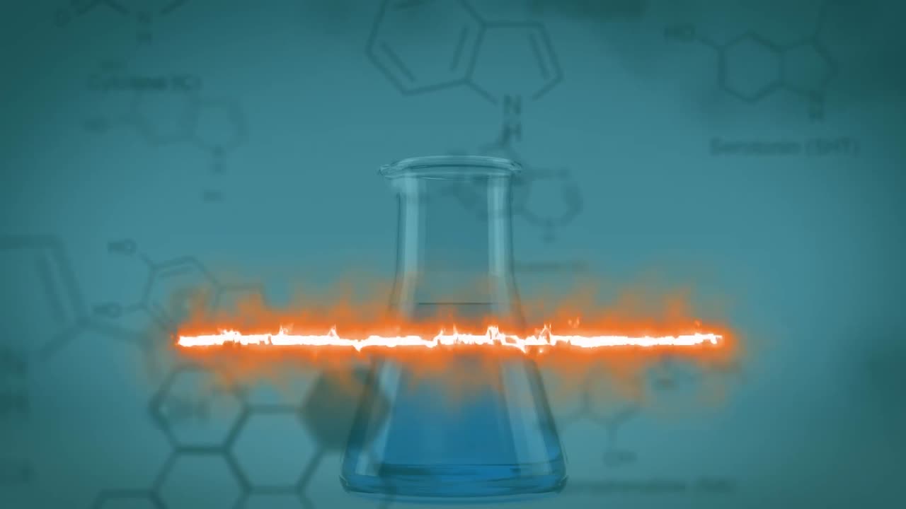 animación del patrón de llamas que forman líneas y vaso lleno de líquido y fórmulas científicas