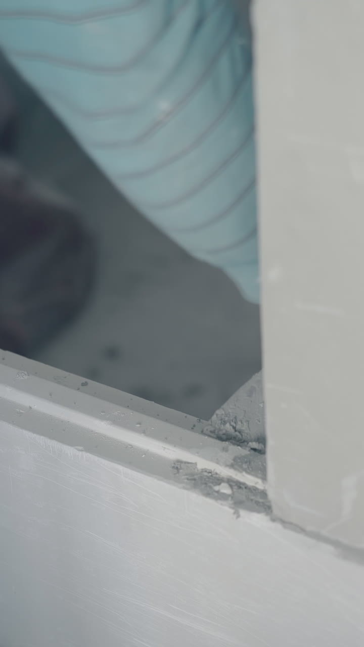 professional painter removes dry grey glue from large gypsum plasterboard construction close view