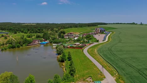 aerial view of vacation resort. water pool in courtyard in resort complex